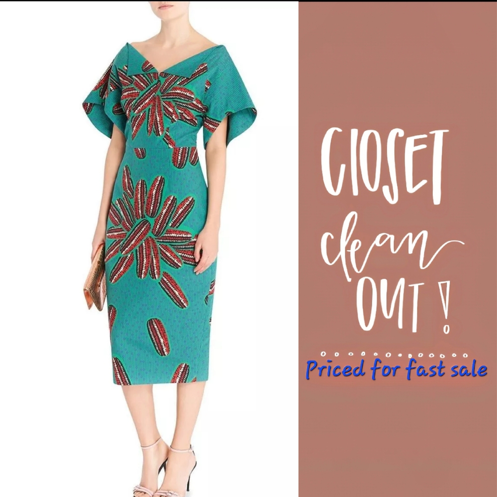 Stella Jean Green Asymmetrical Flutter Sleeve Sheath Dress